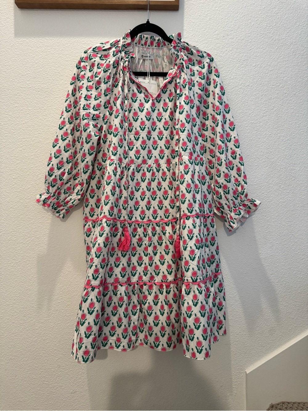 NWT Wenrine Women's Casual Long Sleeve Floral Mini Dress white & pink & tiered
